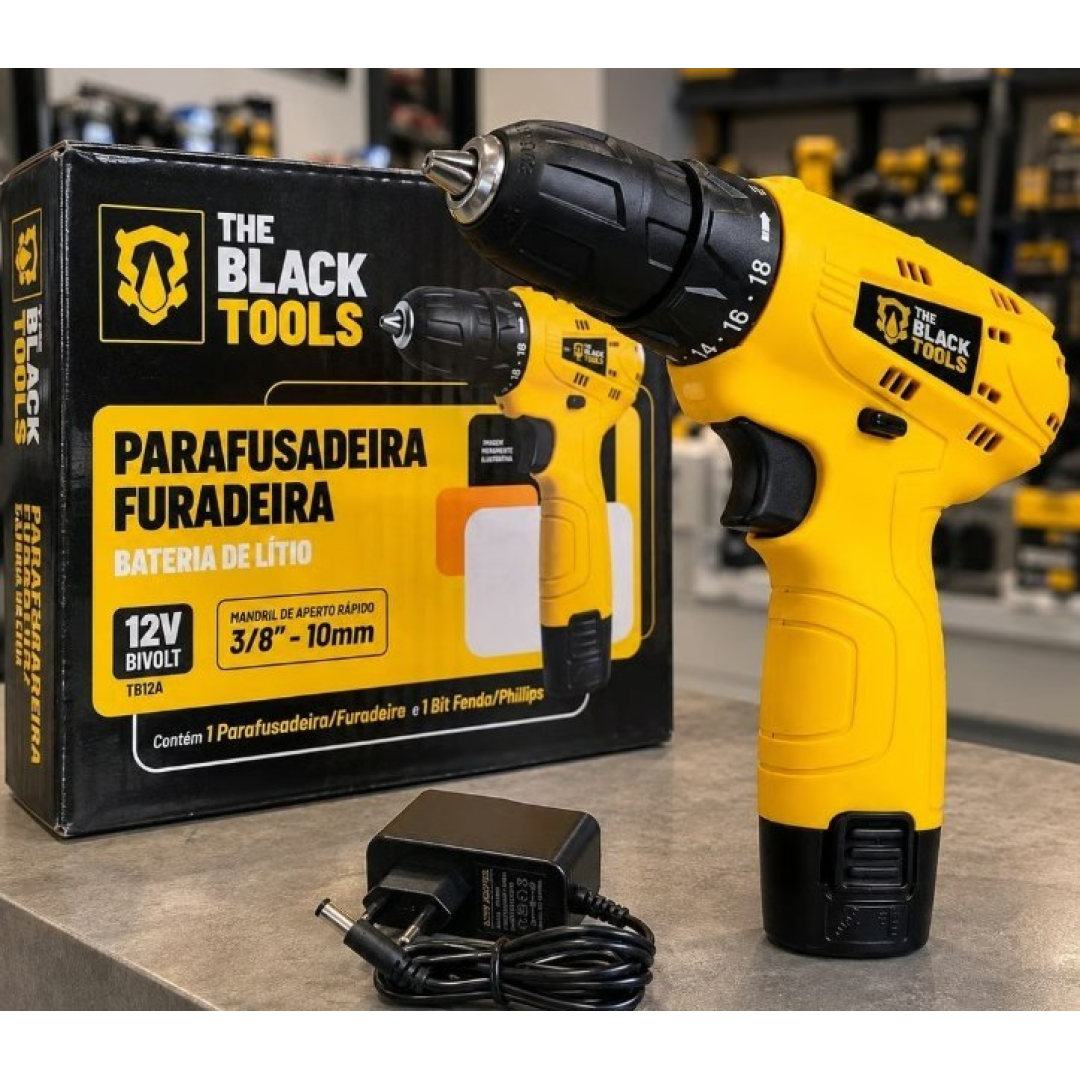 Parafusadeira Furadeira The Black Tools TB12A 3/8 a Bateria Cor Amarelo Frequência 60Hz