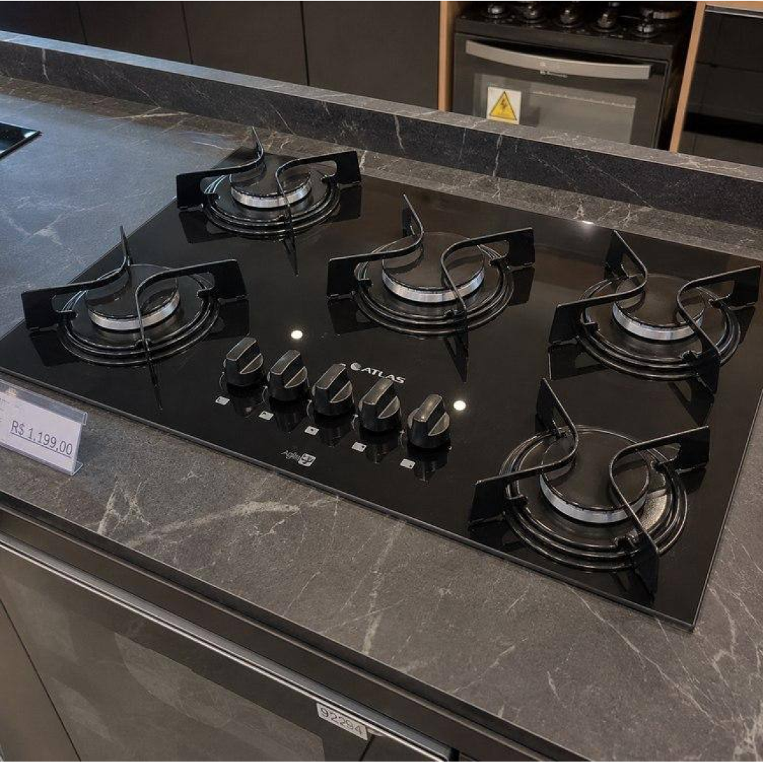 Cooktop 5 Bocas Atlas Agile Up Preto Com Mesa De Vidro E Mega Chama 127/220v