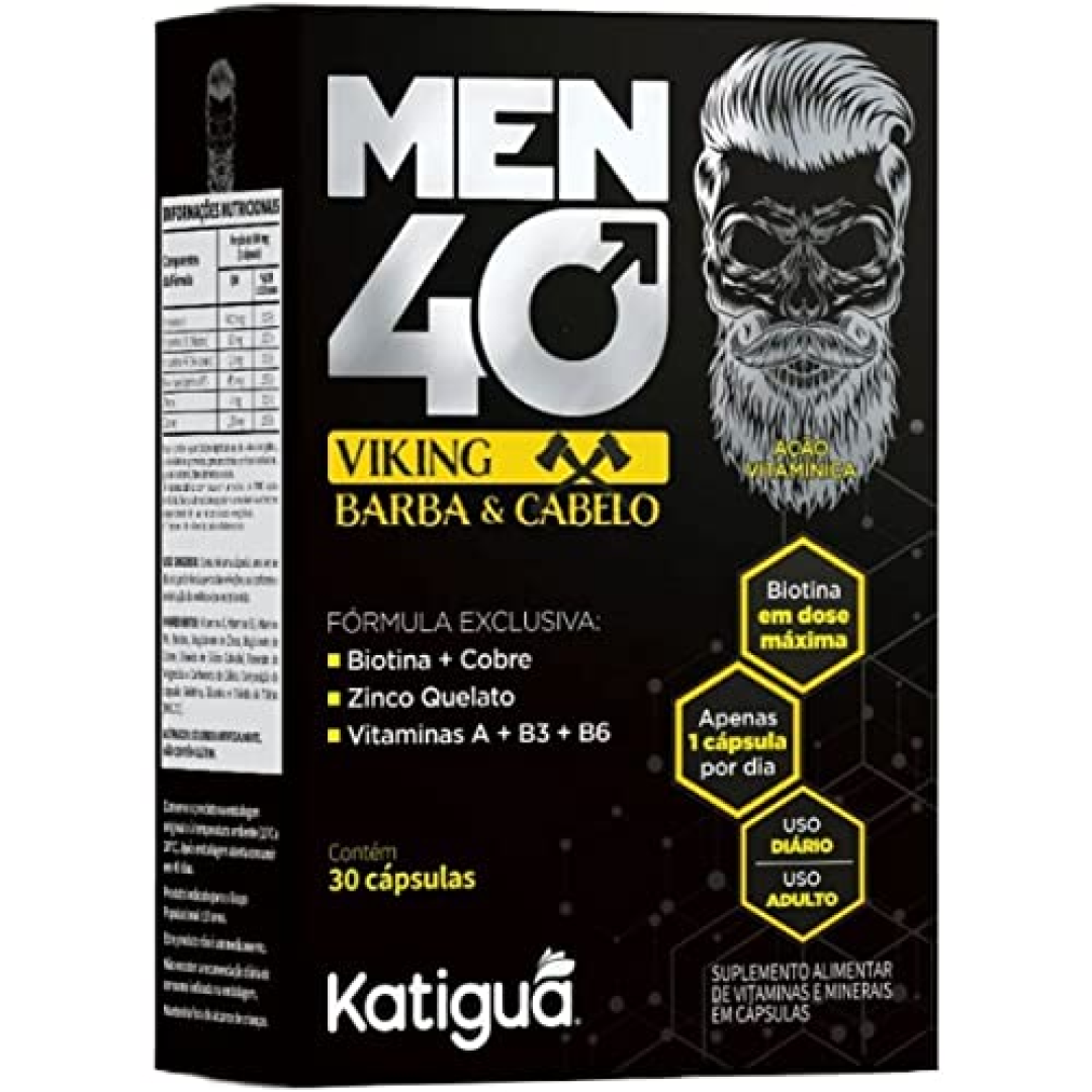 Katiguá, Men 40 Viking Barba e Cabelo, Com Biotina + Cobre, Zinco Quelato, Vitamina A + B3 + B6, Sem sabor, Para Homens, 30 Cápsulas rígidas 30 doses, Preto