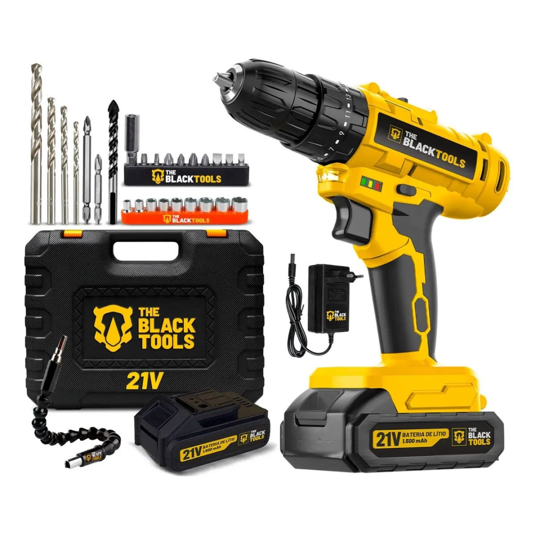 Parafusadeira Furadeira De Impacto A Bateria 21V 3/8" Bivolt 1400 Rpm Com Acessórios E Maleta TB-21PZW The Black Tools