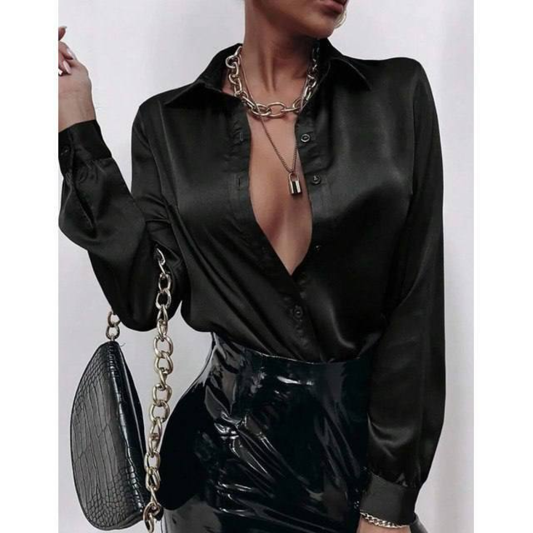 Camisa Blusa Moda Feminina Cetim Manga Longa Social Botões Preto Lisa M