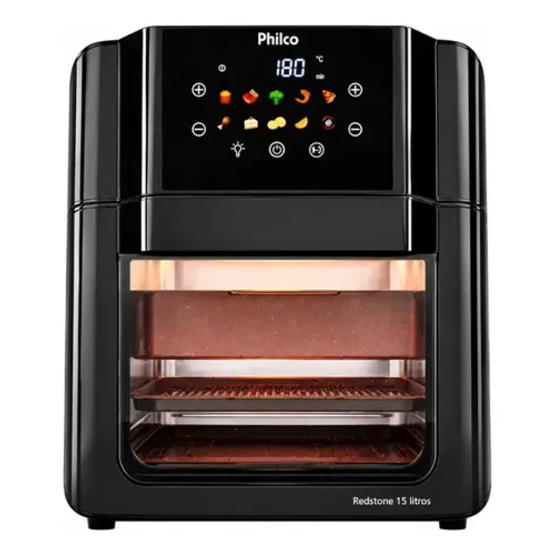 Philco PAF15C Fritadeira Air Fryer Oven 15 Litros Revestimento Redstone Porta Removível Luz Interna 10 Funções Preta