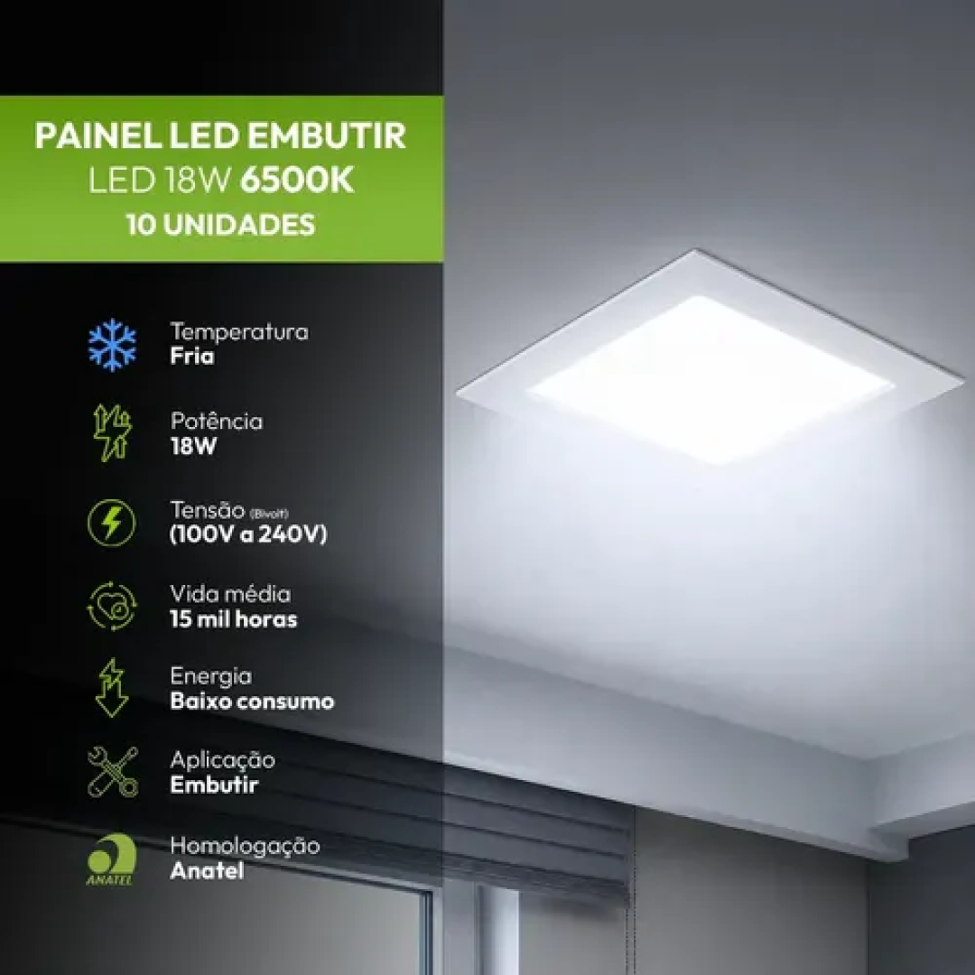 Kit com 10 Painel Led Plafon Embutir 18w 6500k 12cm Bivolt