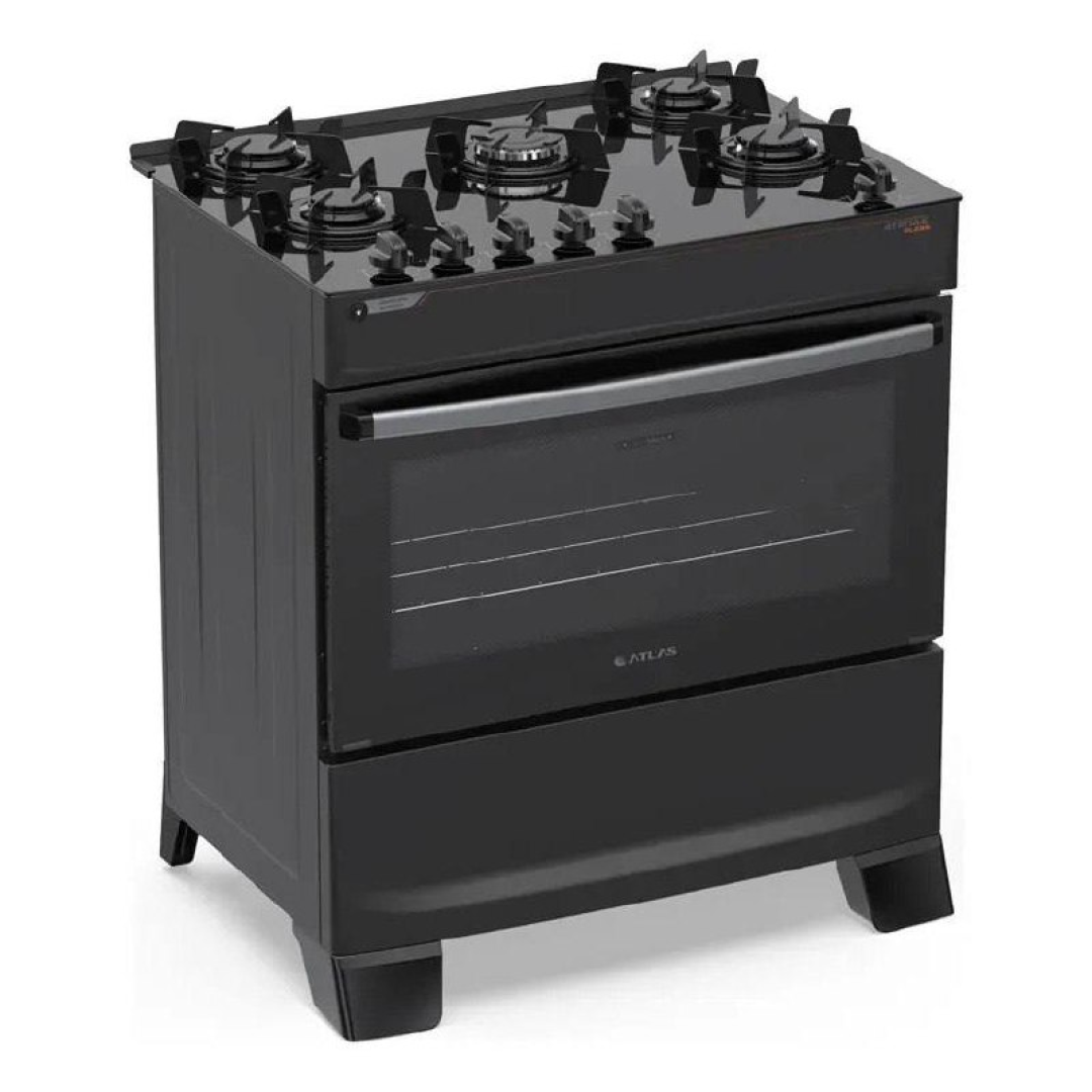 Fogão 5 Bocas Atlas Atenas Glass A Gás com Mesa de Vidro e Mega Chama Preto Bivolt