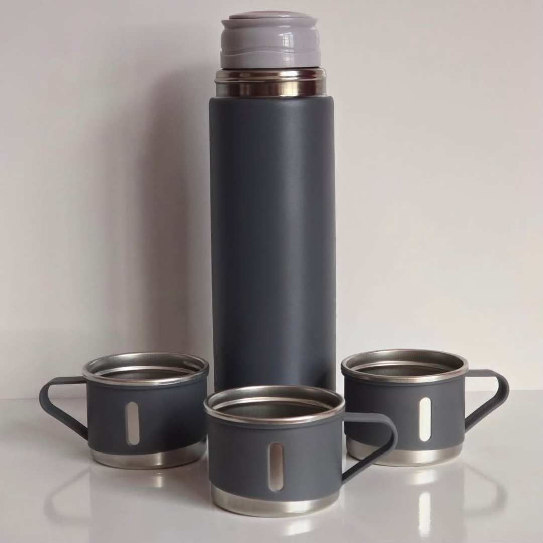 Kit Garrafa Térmica Vacuum Bottle Inox 500ml + 3 Xícaras