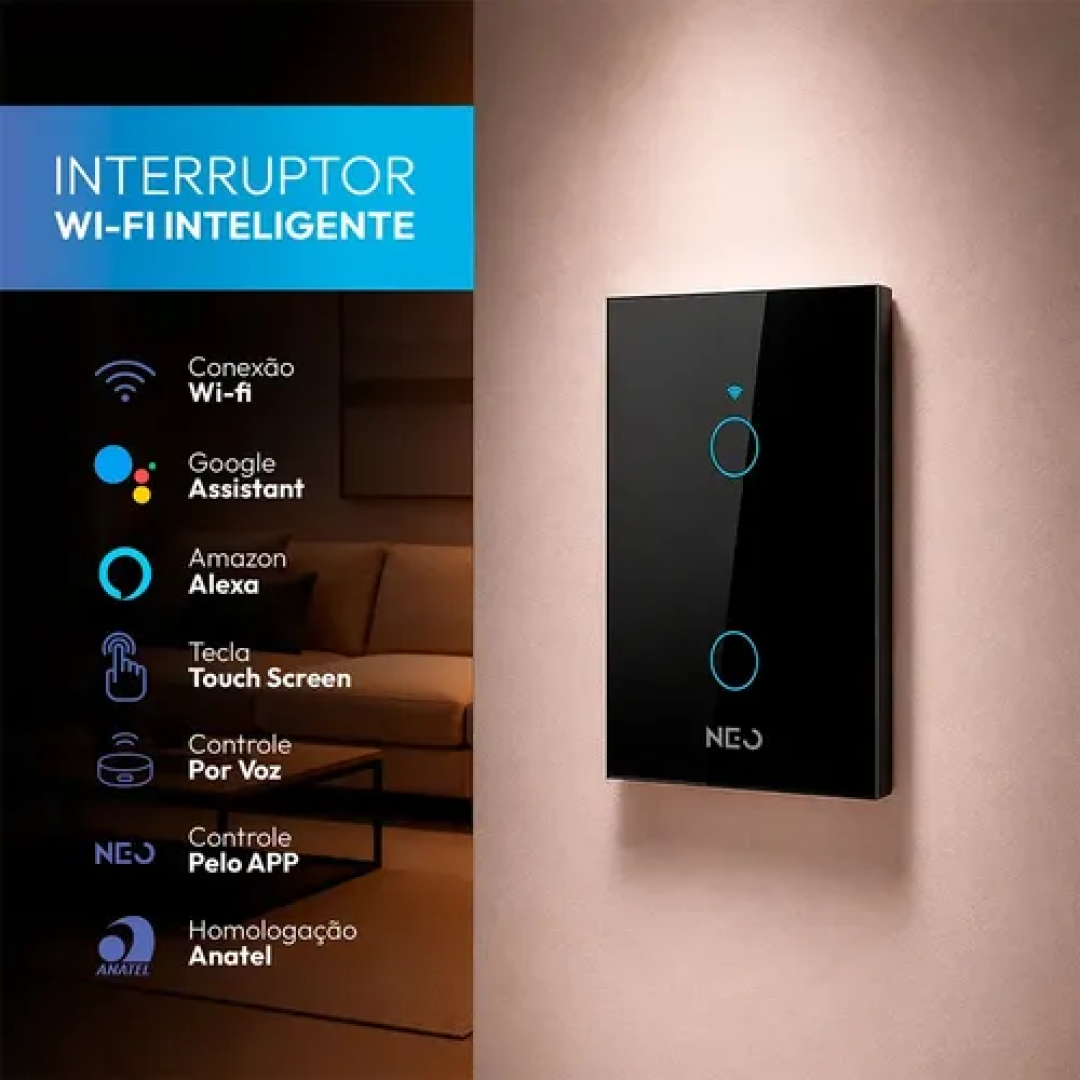 Interruptor Smart Inteligente Wi-fi 2.4 GHz Alexa google 2 Botões 4x2 Bivolt Preto Cod: 291990383 Neo Avant