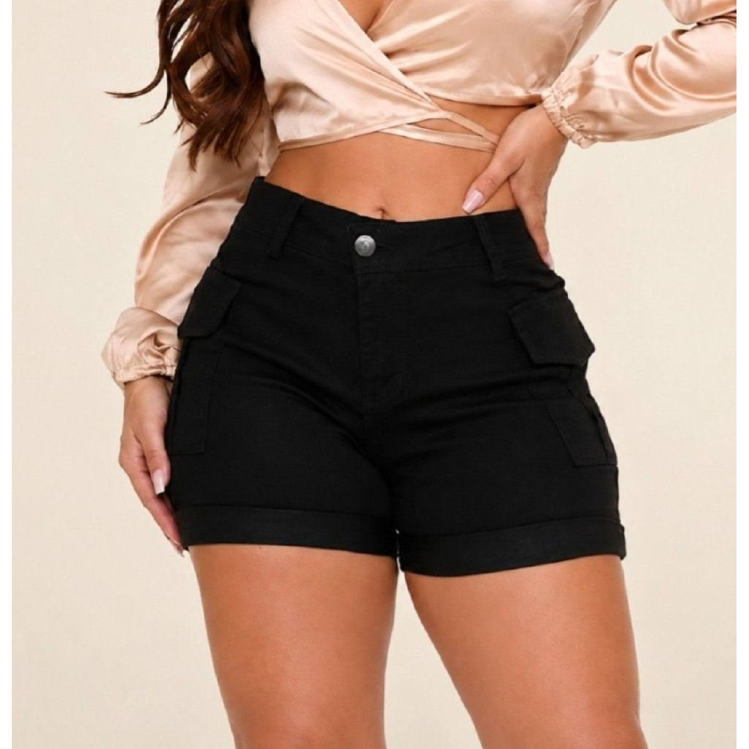Short Jeans Feminino Shorts Cargo Com Lycra Cintura Alta