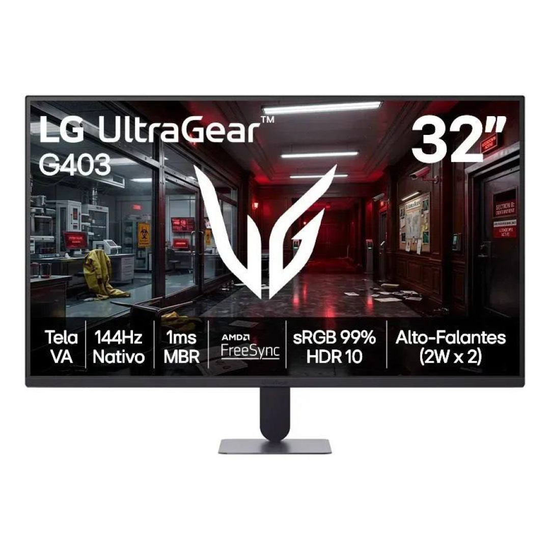 Monitor LG UltraGear - Tela VA FHD 32”, 144Hz nativo, 1ms (MBR), AMD FreeSync, HDR10, sRGB 99%, Preto - 32G403B