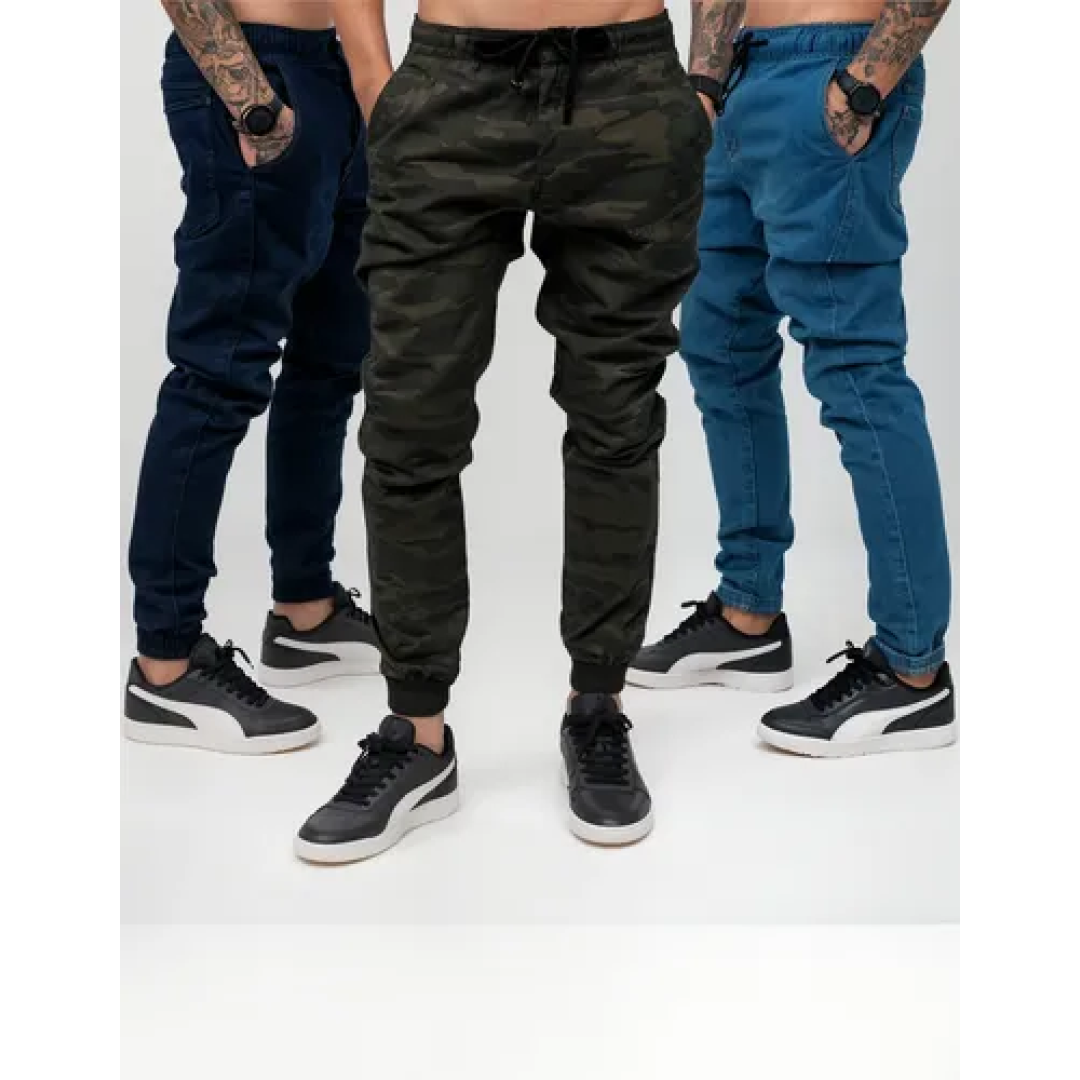 Kit com 3 Calças Jogger Jeans com Punho