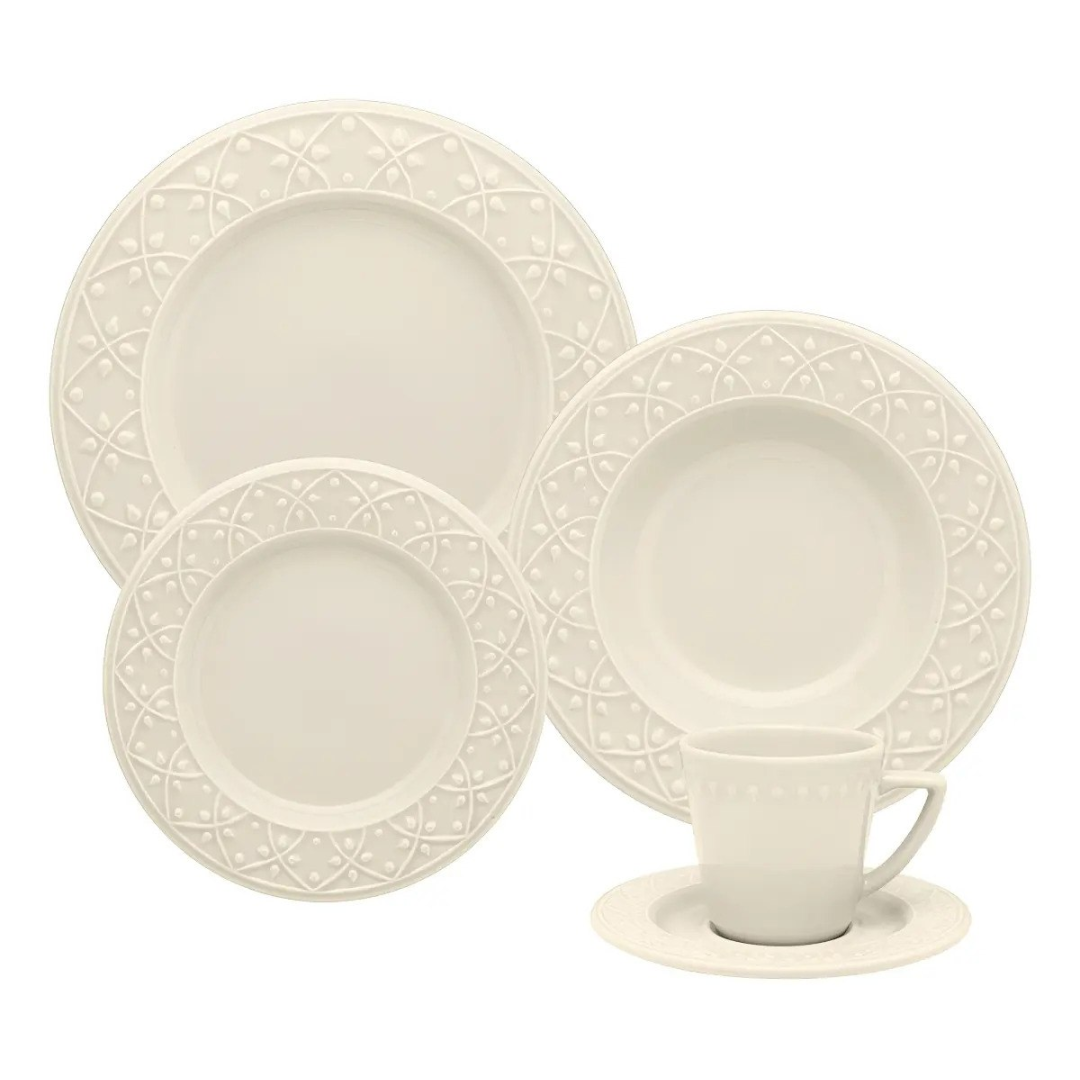 Aparelho de Jantar e Chá 30 Peças Mendi Marfim Oxford Cor Branco Off White Liso Com Textura