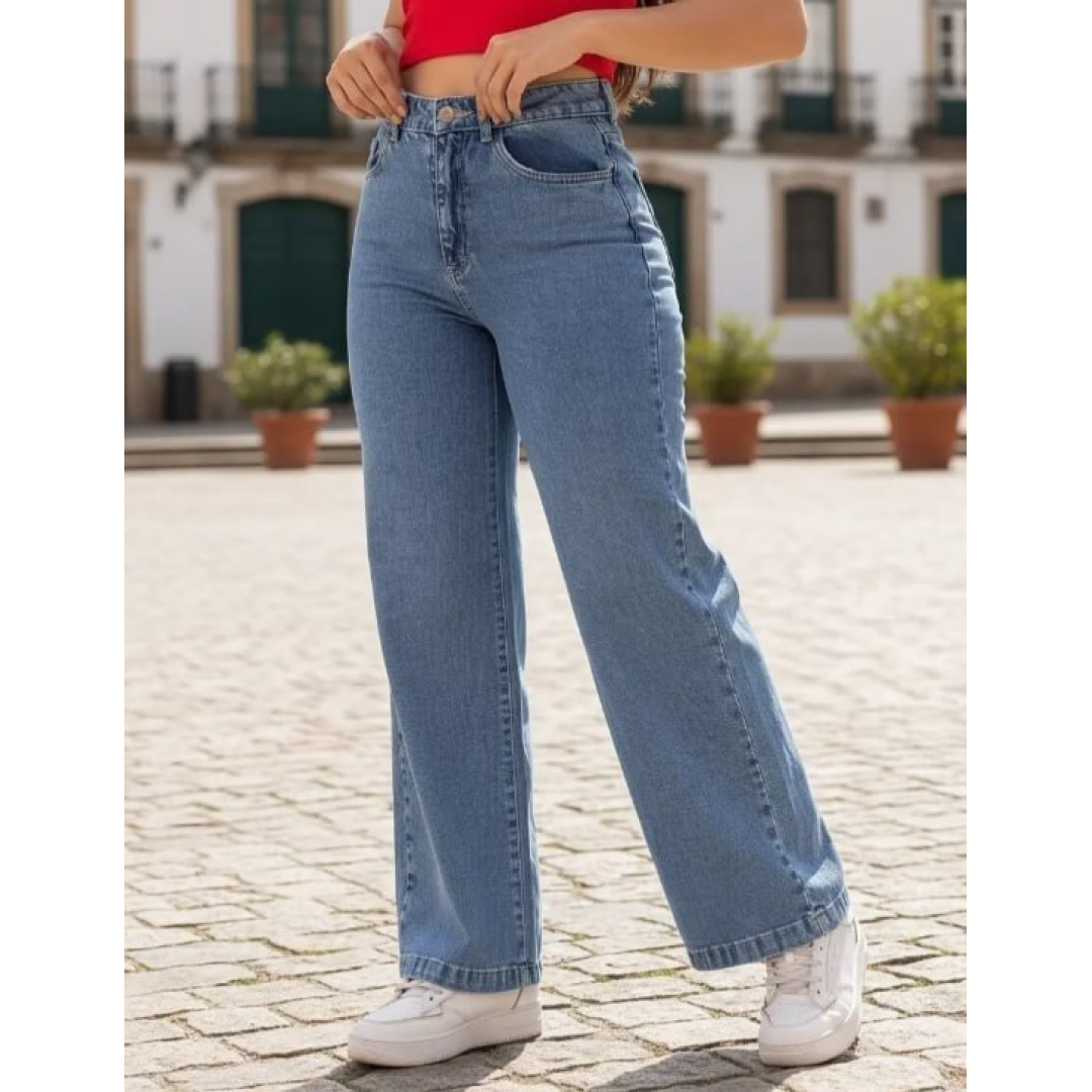Calça Jeans Pantalona Wide Leg Barra Larga Cintura Alta 100%