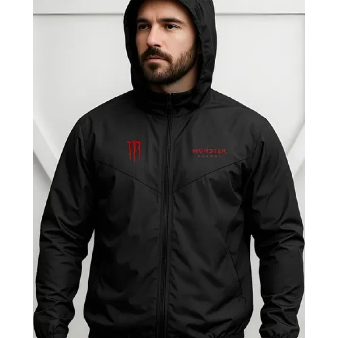 Jaqueta Corta Vento Red Monster Capuz Bolso Zíper