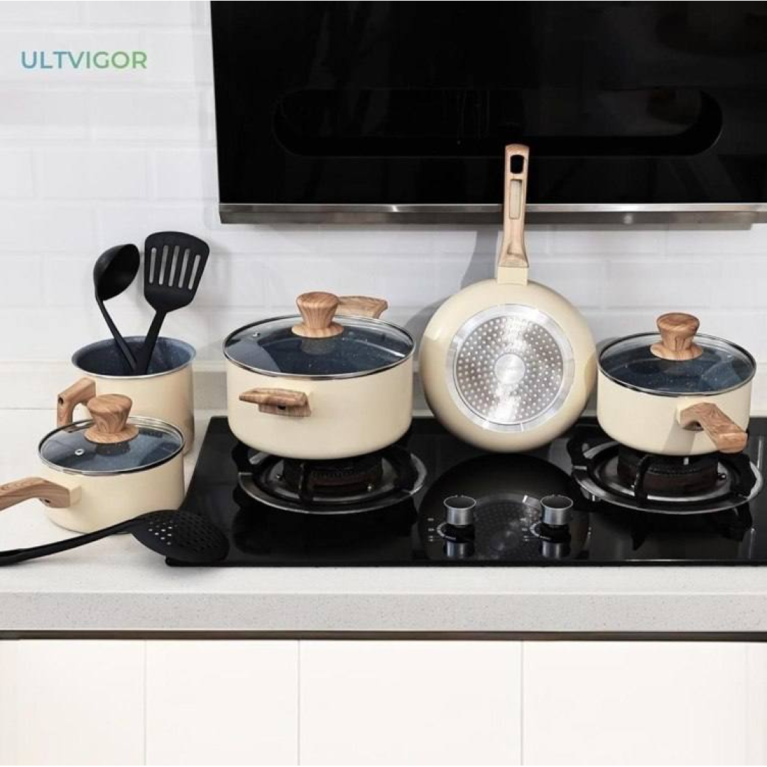 Conjunto Panelas Cerâmica Antiaderente Indução Gas 8 Peças Bege