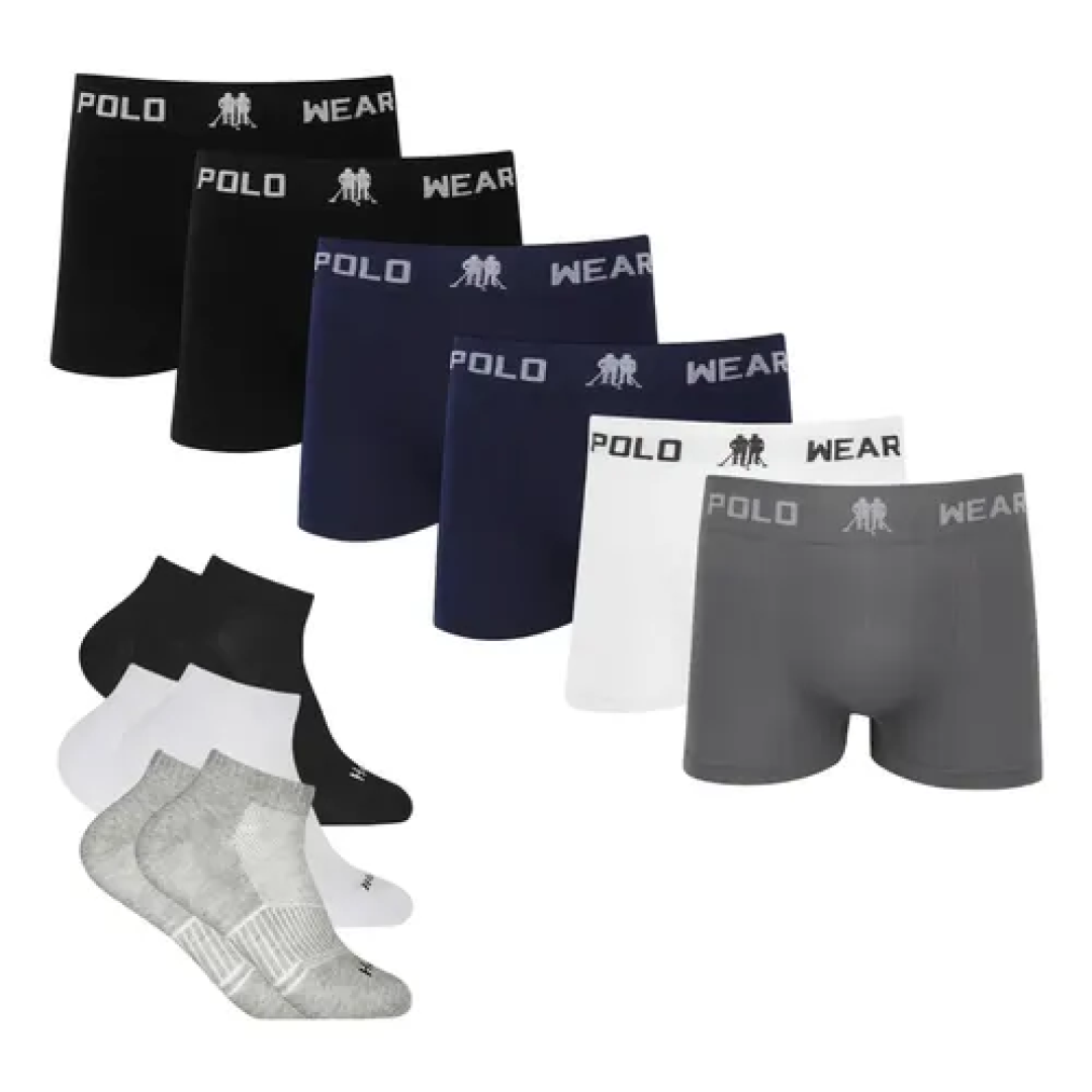 Kit 6 Cueca Polo Wear Microfibra + 6 Meia Cano Medio Algodão