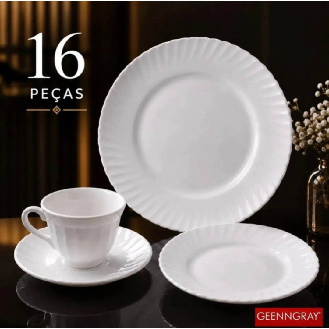 Aparelho De Jantar + Jogo Chá 16 Peças Completo Branco Liso Vidro Duralex Mesa Posta Resistente Moderno Geenngray Lisa