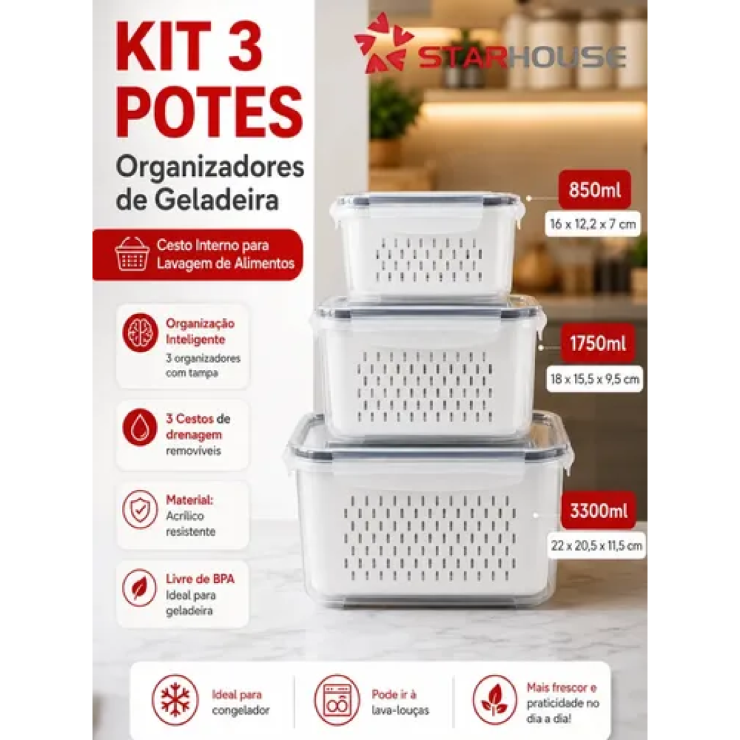 Kit com 3 Organizadores Geladeira Alimentos