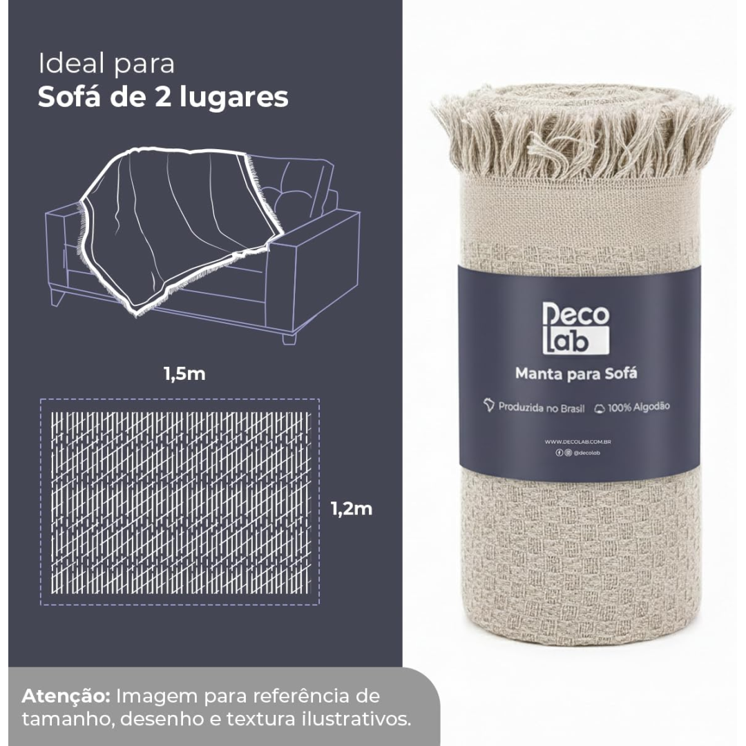 Decolab Manta para Sofá em Algodão com Franjas Artesanais | Cobertor Decorativo para Sofa, Poltrona e Cama | Estilo Boho Chic (Branca-Cru)