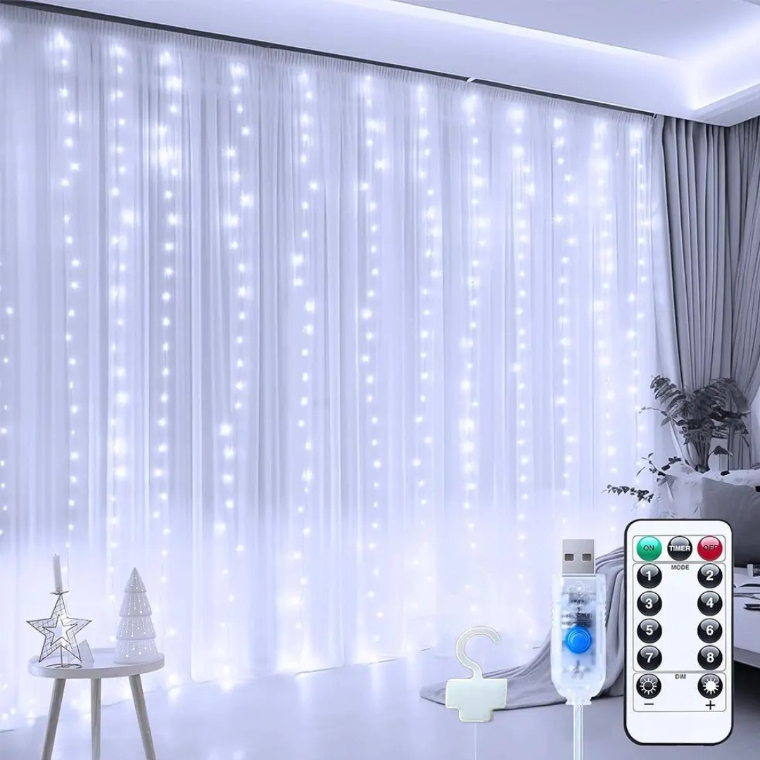 3x3m Cortina 300 Led Pisca Pisca Decoração Natal Duplo Volt Branco 127/220v