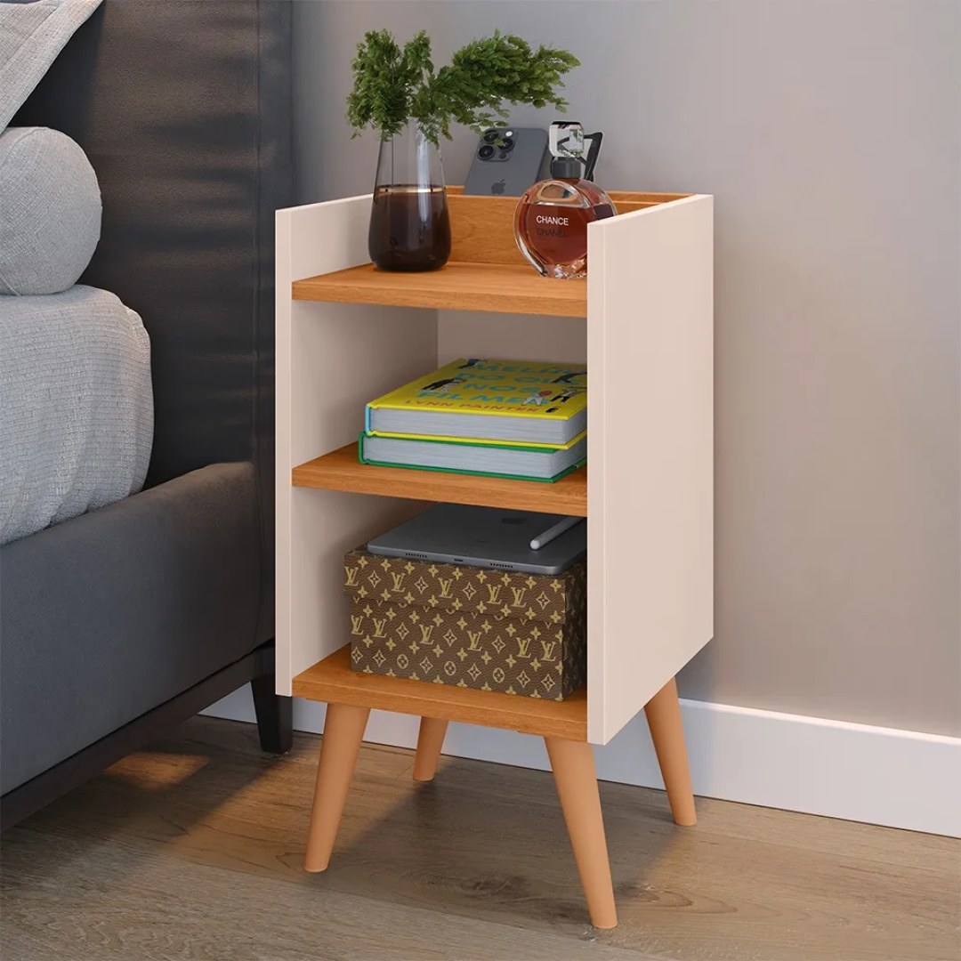 Criado Max Mudo Com Pés Retrô Porta Celular Nichos Compacta Acabamento Brilhante Cor Off White/cinamomo