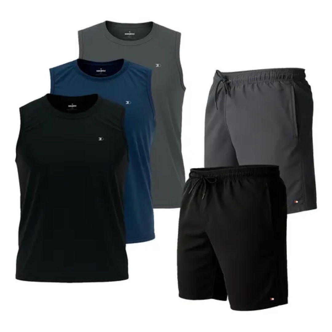 Kit com 5 Peças 3 Camisas Regata Dry-fit + 2 Short Tactel Sandrinil
