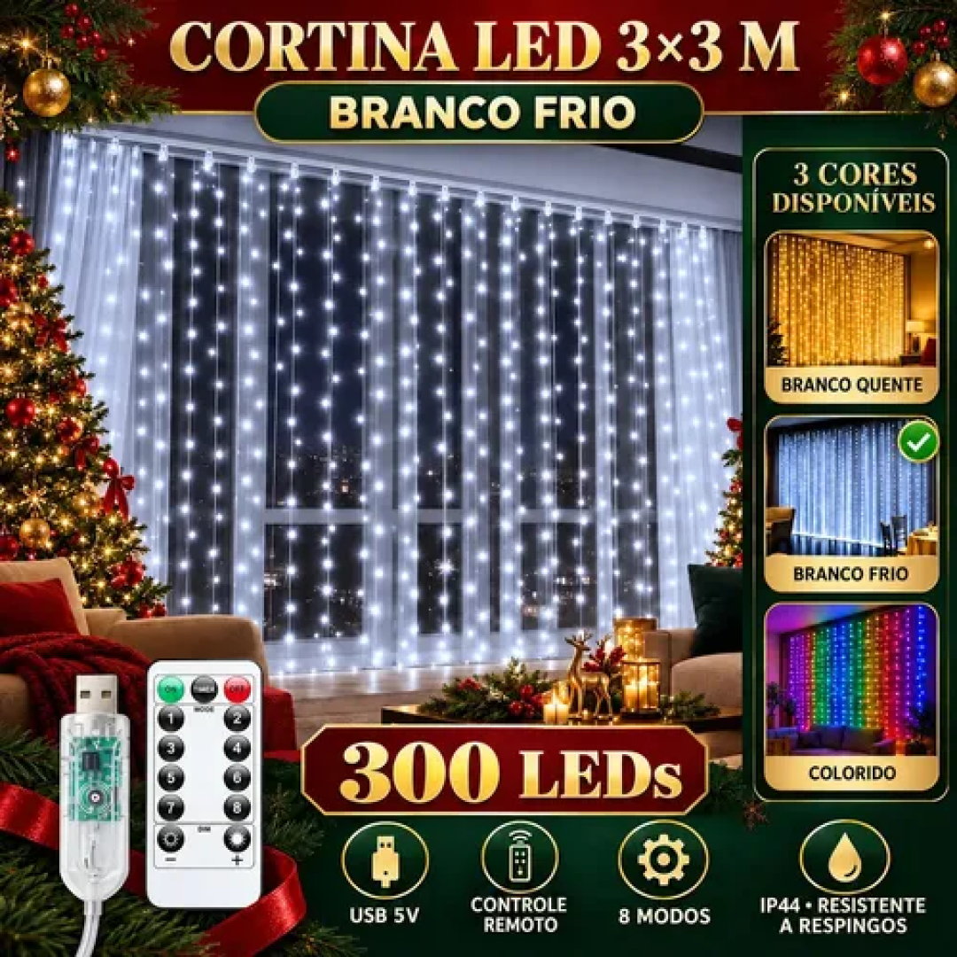 Pisca Cortina 300 Leds 3x3m 8 Modos Iluminação