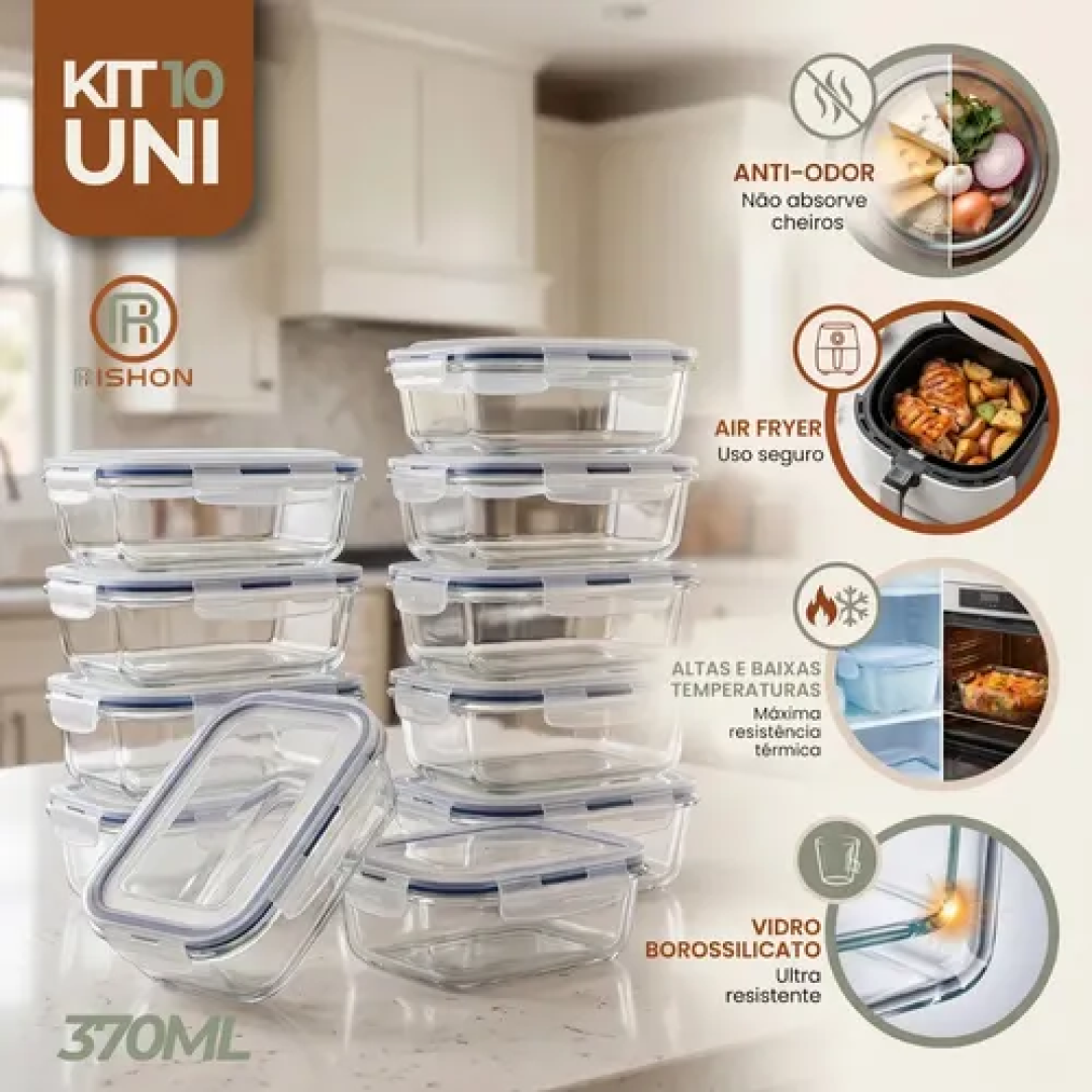 Kit com 10 Pote De Vidro Marmita Hermético 640ml